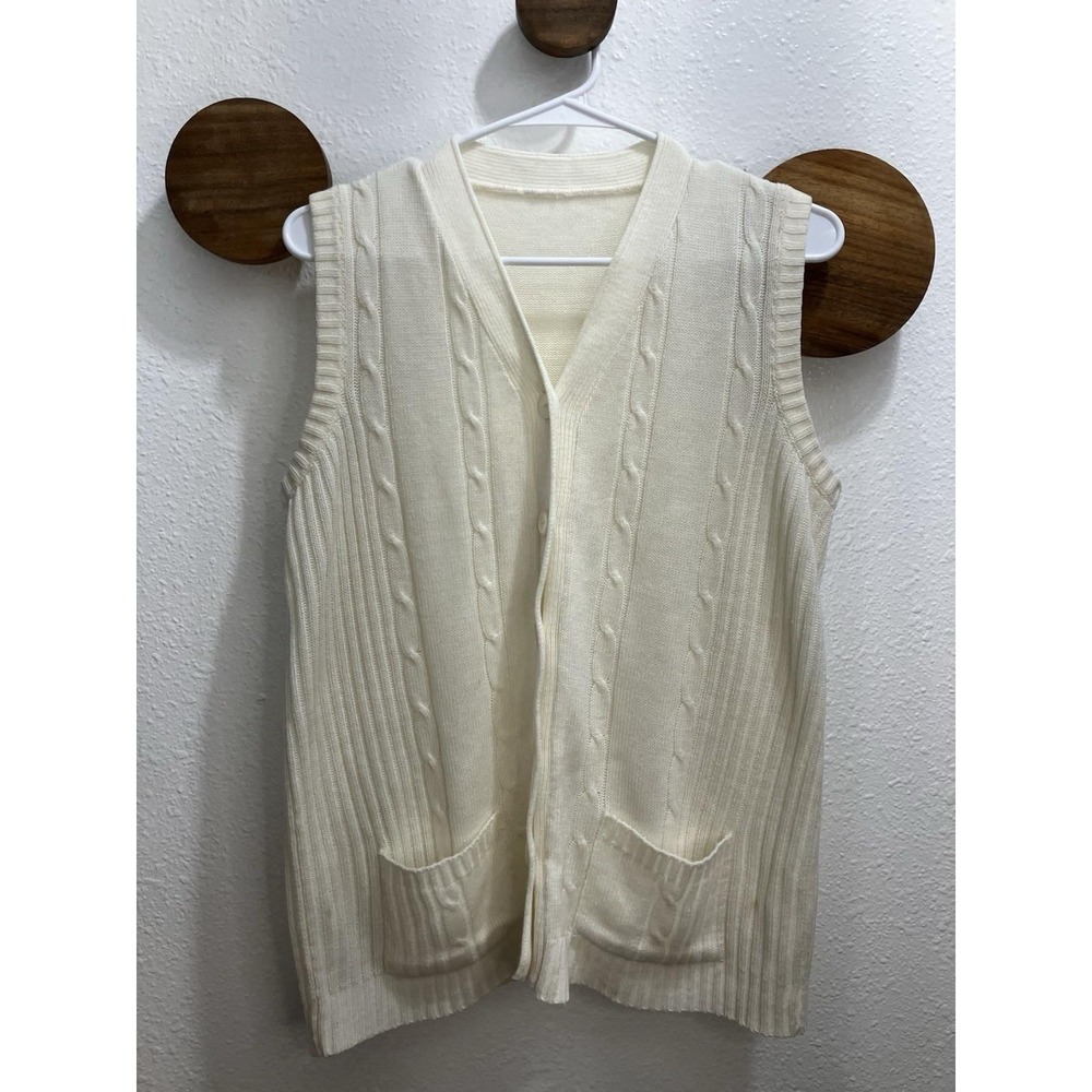 Vintage Ivory‎ Acrylic Sweater Vest Size Large Button Up Cable Knit Pattern